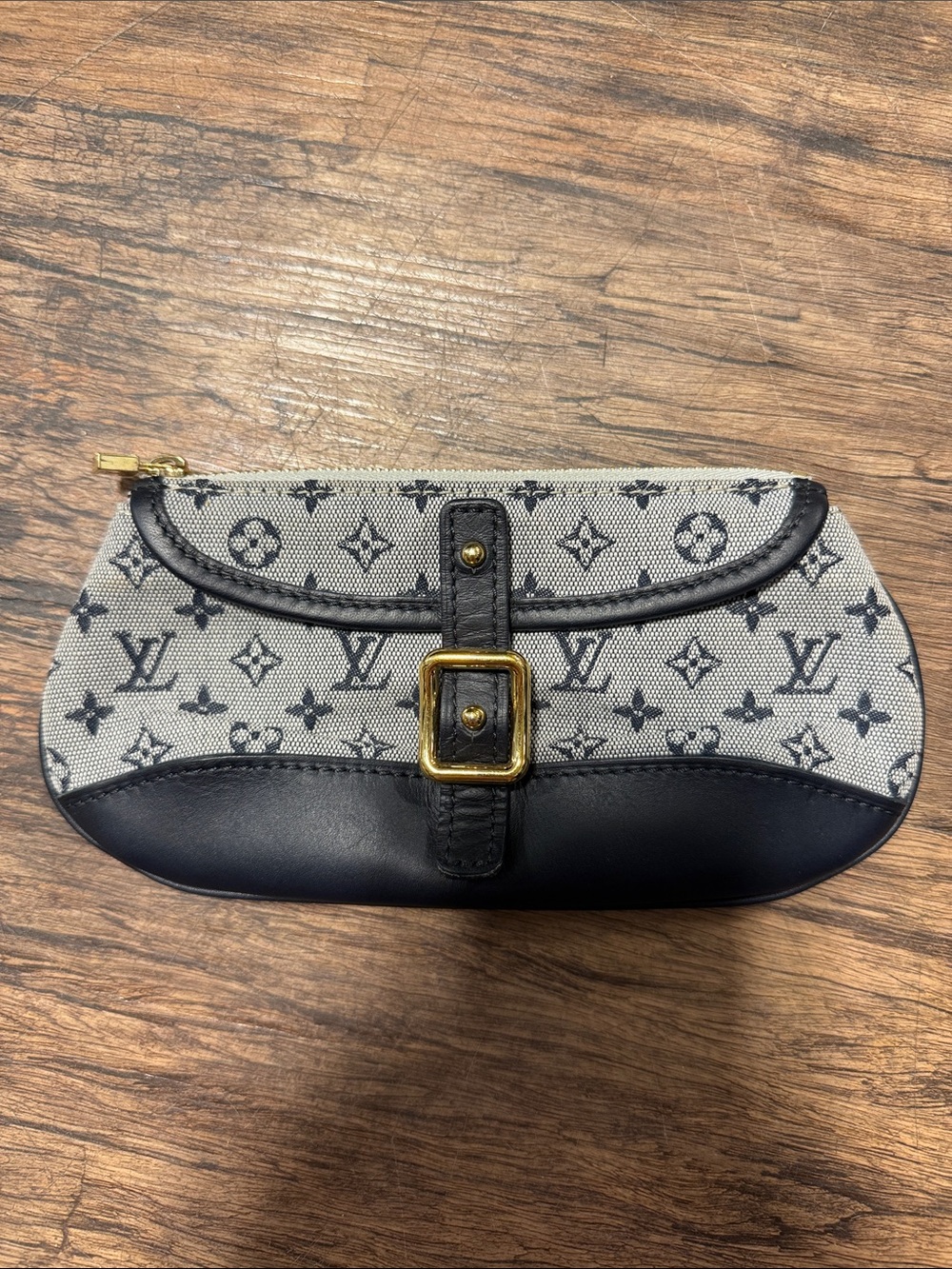 Louis Vuitton Black and Cream Monogram Canvas Wristlet Clutch with Gold Buckle